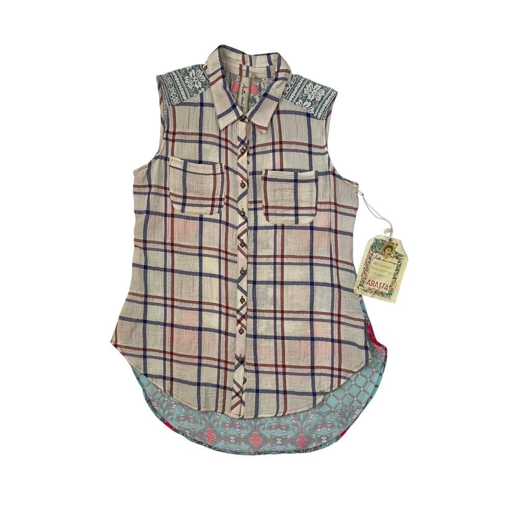 NWT Aratta Plaid Sleeveless button Down Shirt with Vibrant Floral Back - Size S
